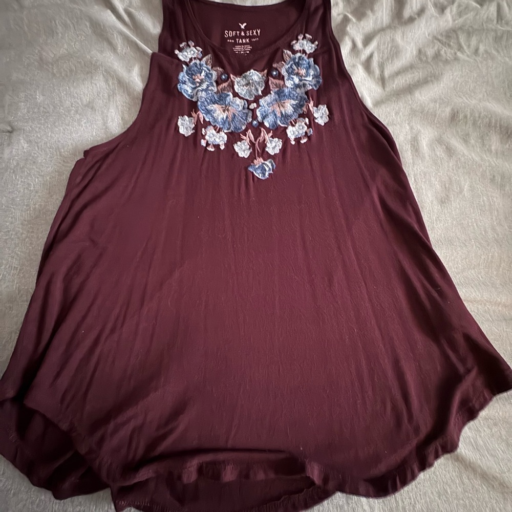 American Eagle Outfitters Maroon Tank Top with Blue Floral Design